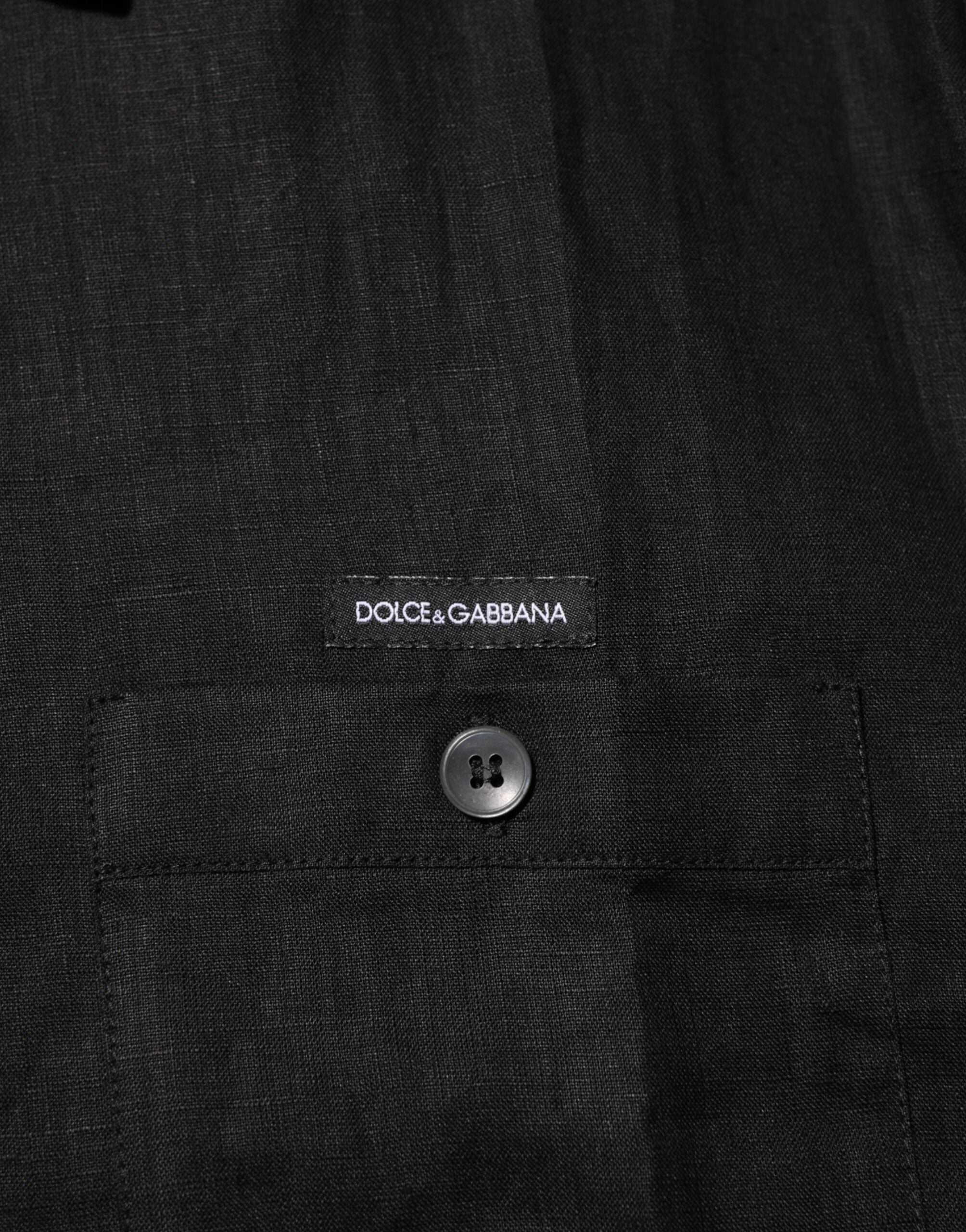 Black Linen Collared Short Sleeve Polo Shirt
